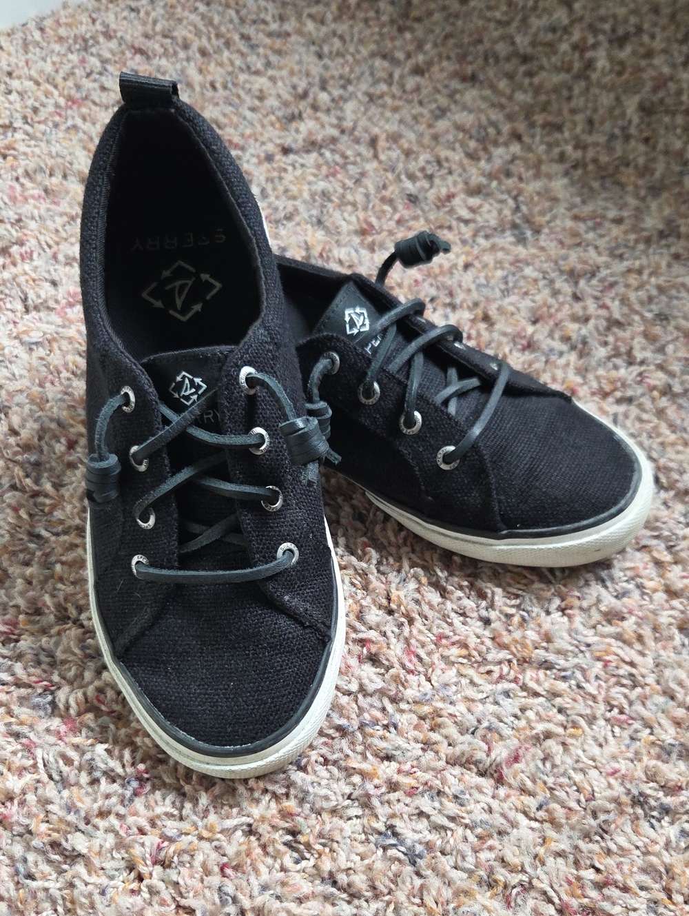 Sperry Womens Black Canvas Slip-on Sneakers with White Sole